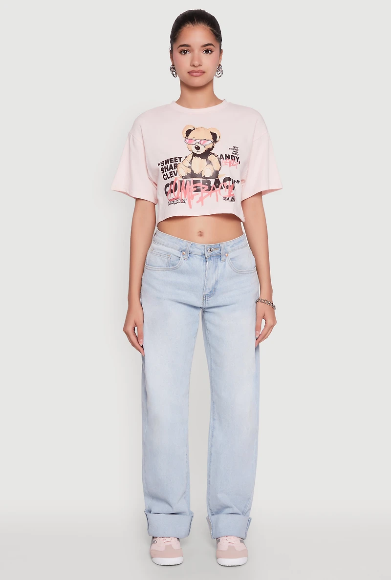 Womens Comeback Bear Graphic Cropped Tee, Pink, Size M