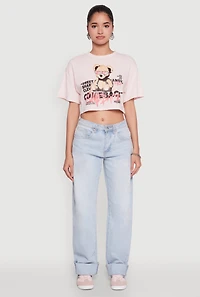Womens Comeback Bear Graphic Cropped Tee, Pink, Size M