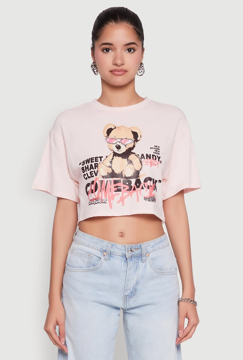 Womens Comeback Bear Graphic Cropped Tee, Pink, Size M