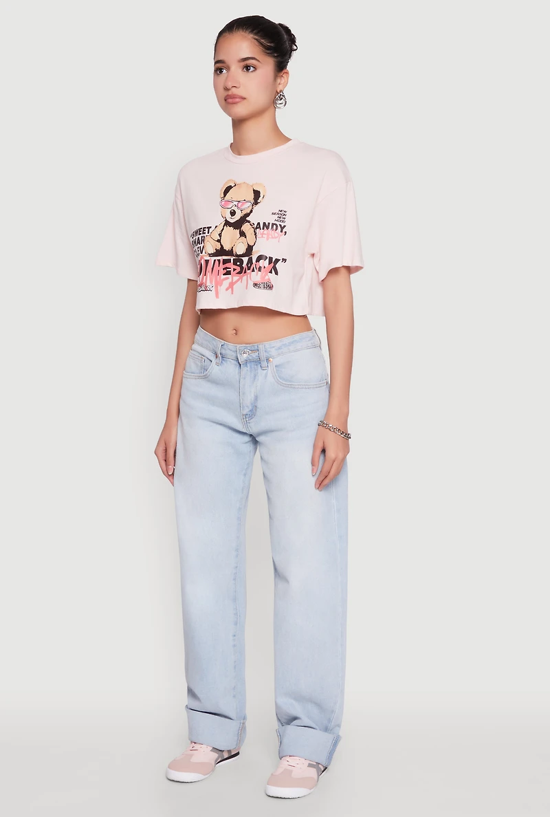 Womens Comeback Bear Graphic Cropped Tee, Pink, Size M