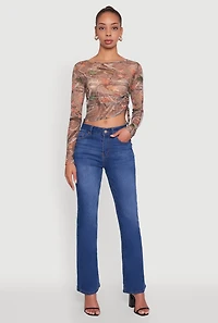 Womens Mesh Forest Camo Ruched Side Long Sleeve Crop Top, Brown, Size S