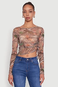 Womens Mesh Forest Camo Ruched Side Long Sleeve Crop Top, Brown,