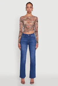 Womens Mesh Forest Camo Ruched Side Long Sleeve Crop Top, Brown, Size S