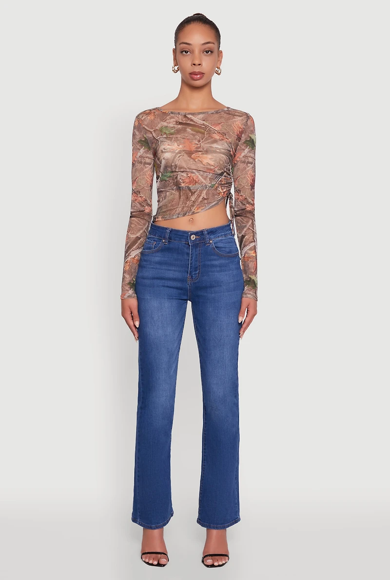 Womens Mesh Forest Camo Ruched Side Long Sleeve Crop Top, Brown,