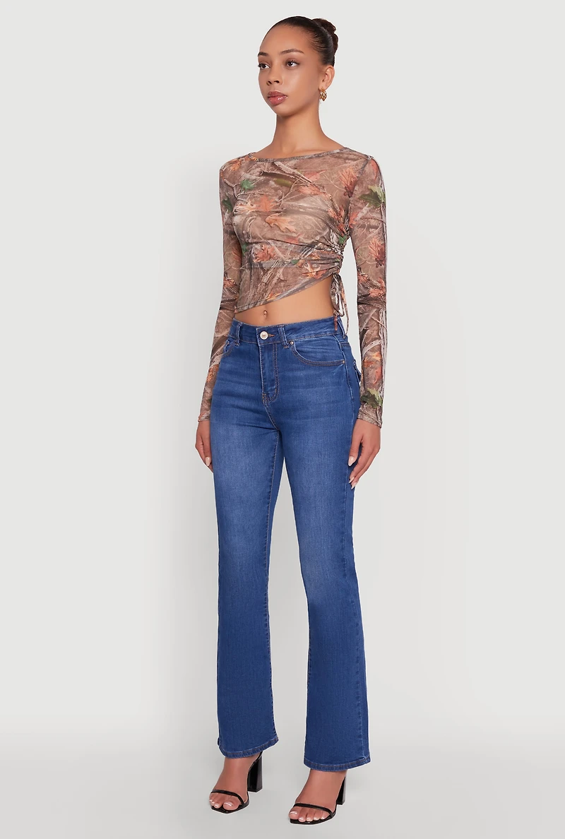 Mesh Forest Camo Ruched Side Long Sleeve Crop Top