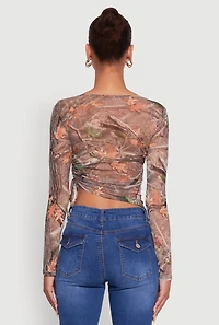 Womens Mesh Forest Camo Ruched Side Long Sleeve Crop Top, Brown, Size S