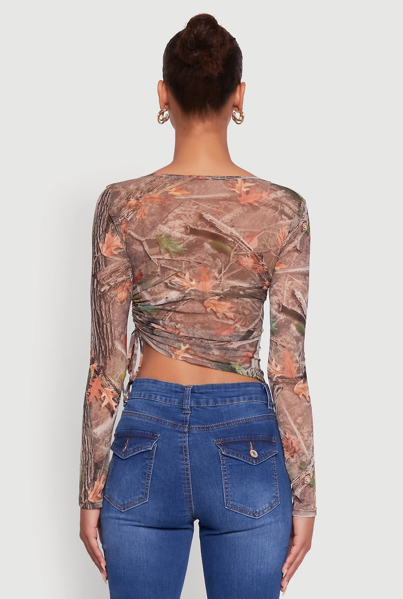 Womens Mesh Forest Camo Ruched Side Long Sleeve Crop Top, Brown, Size XL