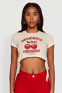 Womens Delicious Cherries Graphic Drawstring Hem Cropped Tee, Beige, Size M