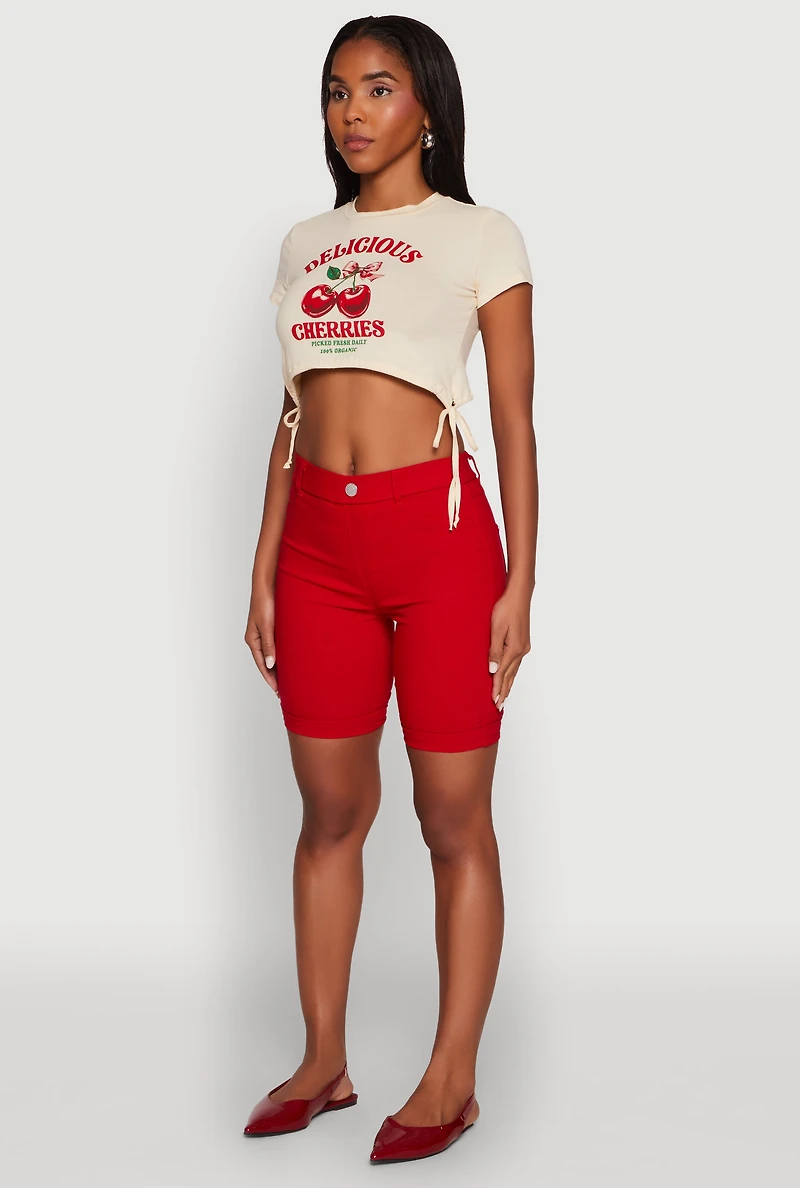 Womens Delicious Cherries Graphic Drawstring Hem Cropped Tee, Beige, Size M