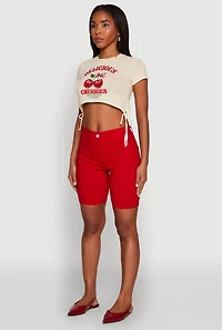 Womens Delicious Cherries Graphic Drawstring Hem Cropped Tee, Beige, Size M