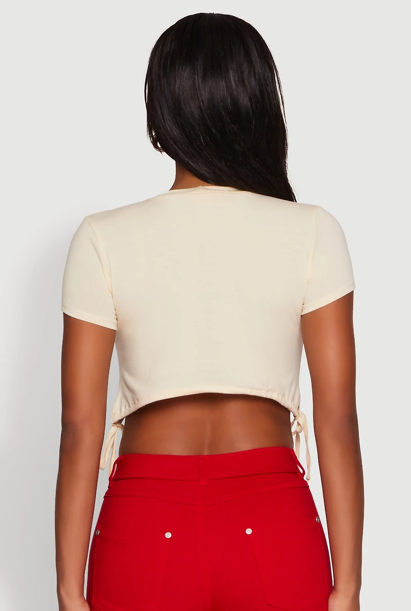Womens Delicious Cherries Graphic Drawstring Hem Cropped Tee, Beige, Size M
