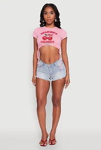Womens Delicious Cherries Graphic Drawstring Hem Cropped Tee, Pink,