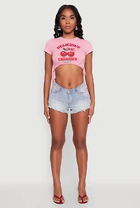 Womens Delicious Cherries Graphic Drawstring Hem Cropped Tee, Pink, Size XL