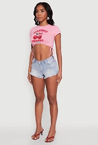 Womens Delicious Cherries Graphic Drawstring Hem Cropped Tee, Pink,