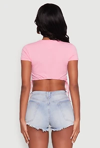 Womens Delicious Cherries Graphic Drawstring Hem Cropped Tee, Pink,
