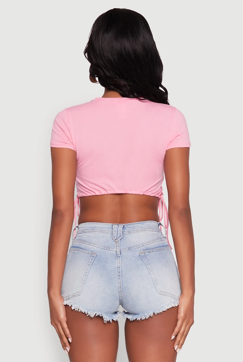 Womens Delicious Cherries Graphic Drawstring Hem Cropped Tee, Pink, Size XL