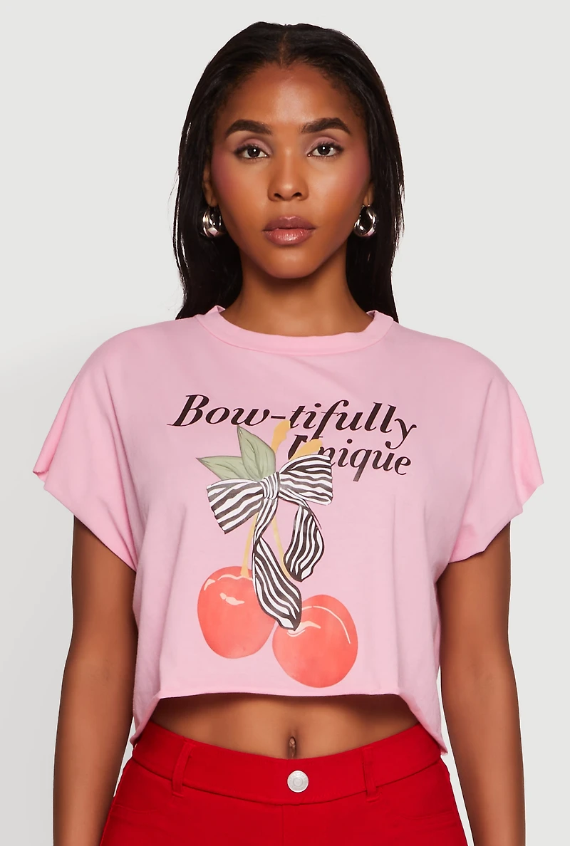 Womens Bowtifully Unique Boxy Cropped Graphic Tee, Pink, Size S