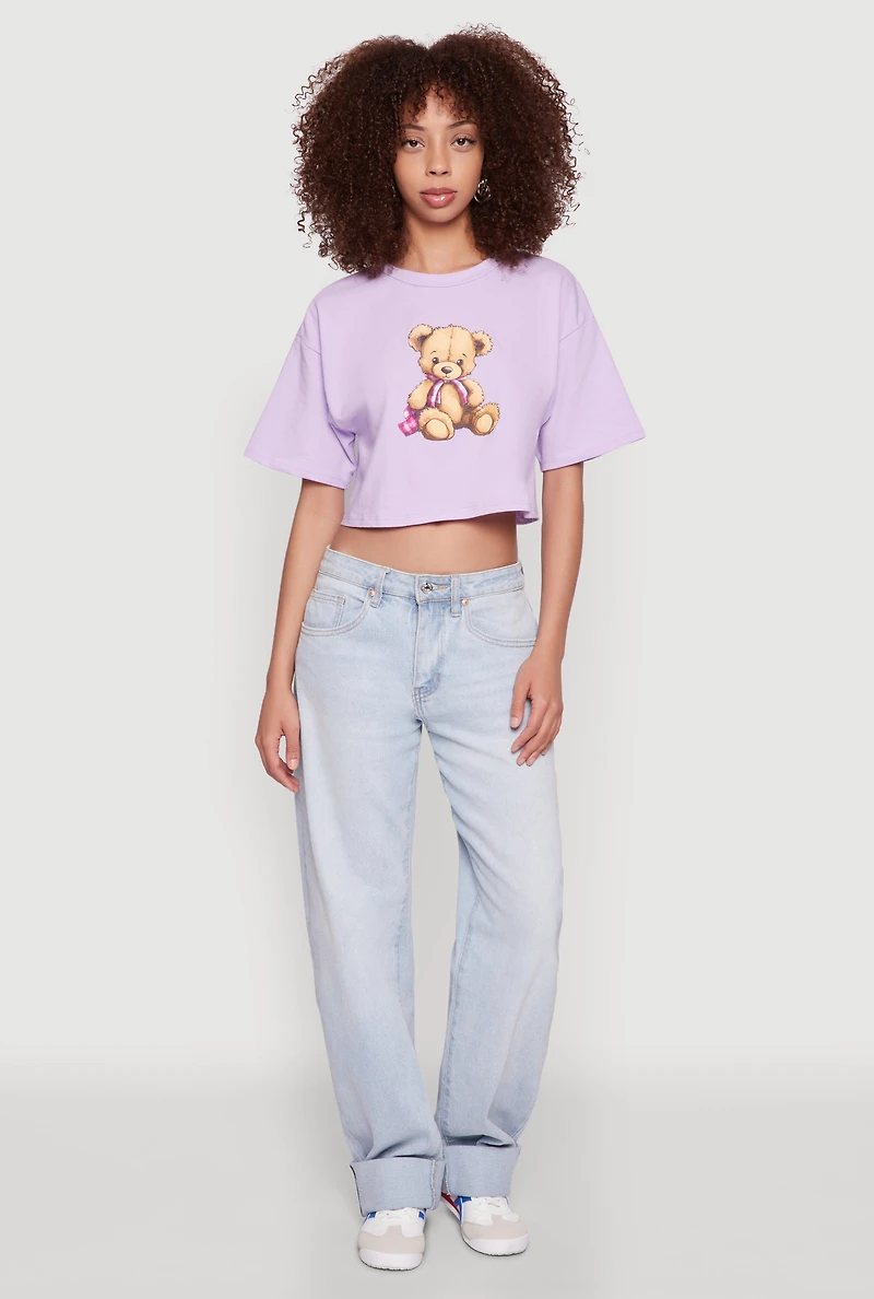 Womens Bear Graphic Cropped Tee, Purple, Size L