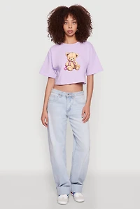 Womens Bear Graphic Cropped Tee, Purple, Size L