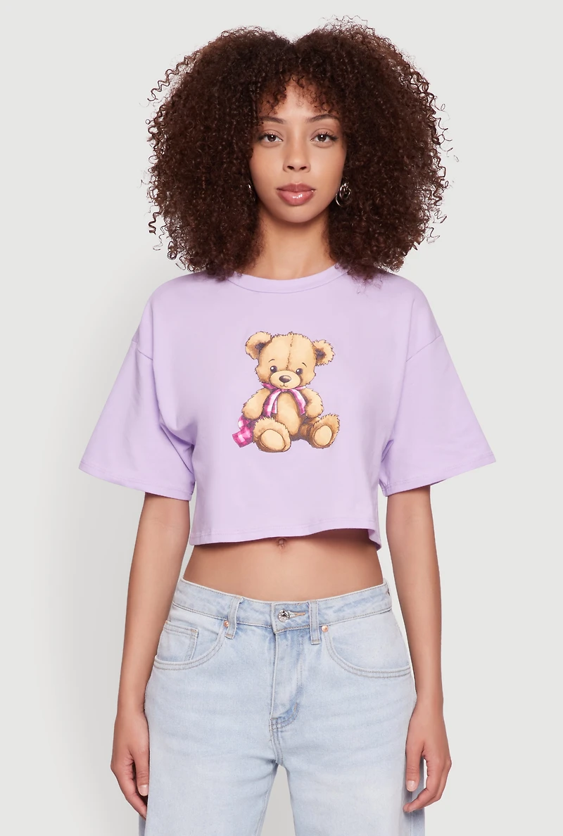 Womens Bear Graphic Cropped Tee, Purple, Size L