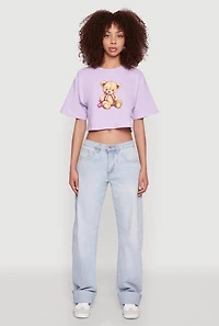 Womens Bear Graphic Cropped Tee, Purple, Size L