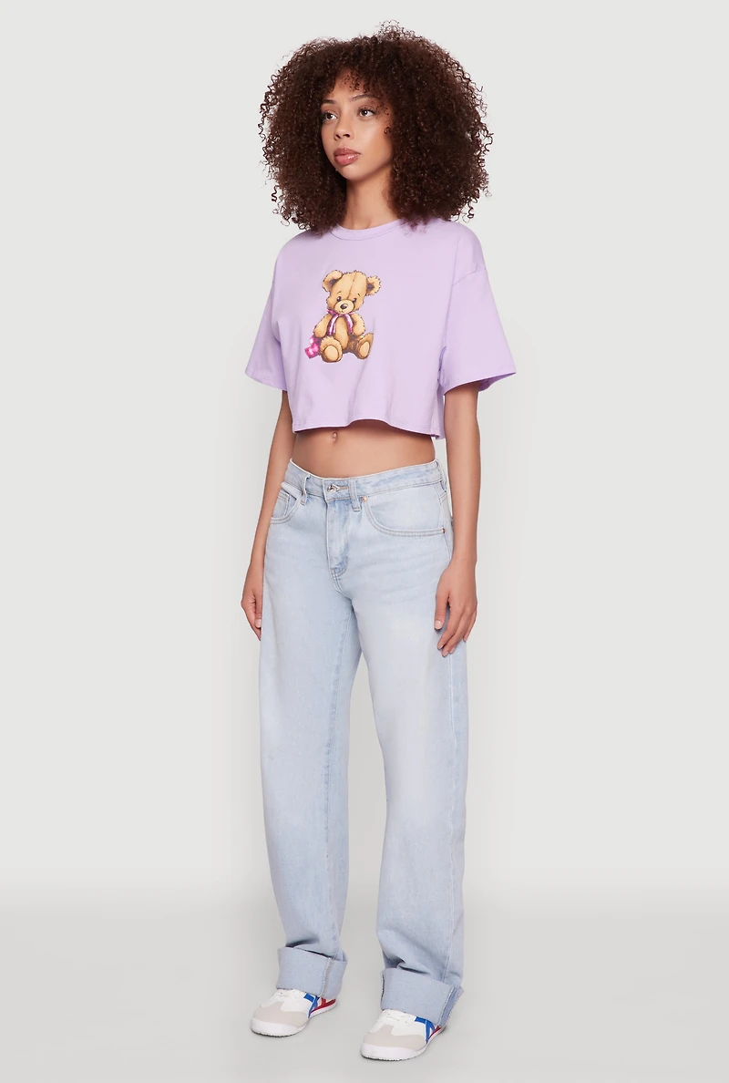Womens Bear Graphic Cropped Tee, Purple, Size L