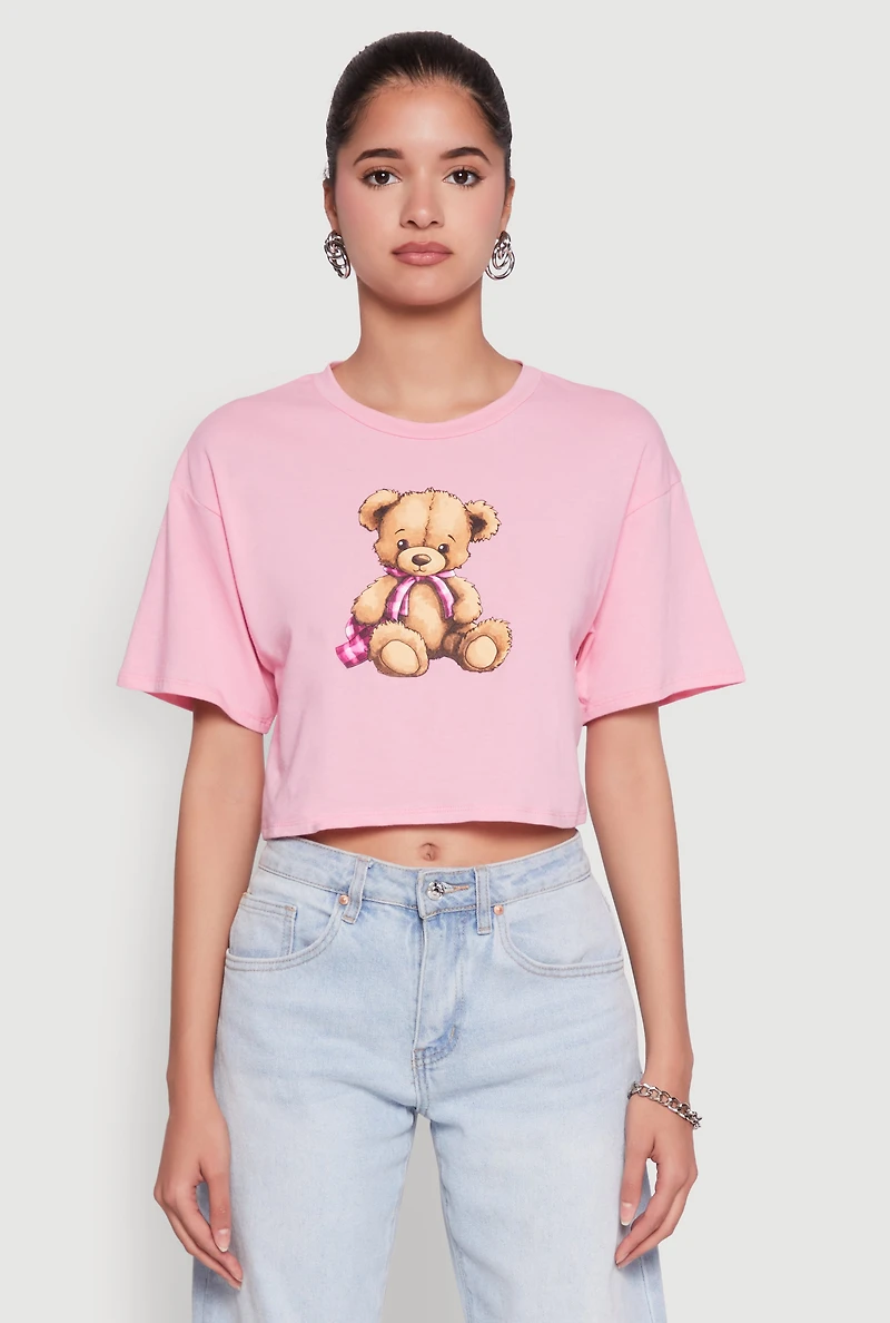 Womens Bear Graphic Cropped Tee, Pink,