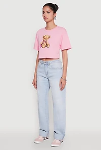 Womens Bear Graphic Cropped Tee, Pink, Size M