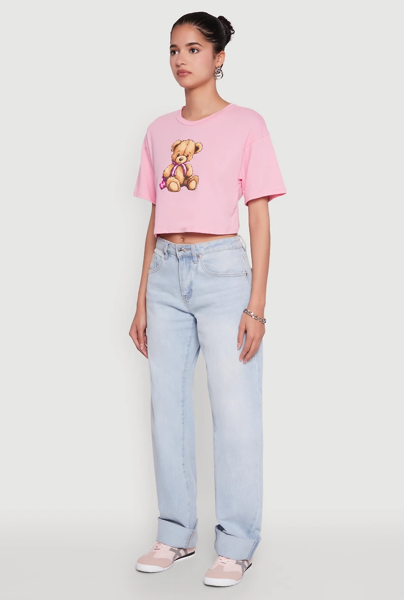 Womens Bear Graphic Cropped Tee, Pink,