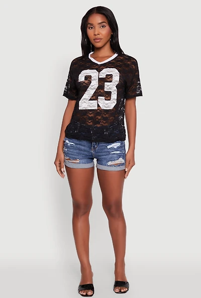Womens Floral Lace Graphic V-Neck Top, Black, Size XL