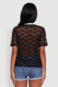 Womens Floral Lace Graphic V-Neck Top, Black, Size XL