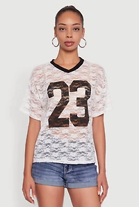 Womens Floral Lace Graphic V-Neck Top, White, Size M