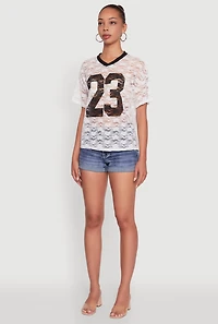 Womens Floral Lace Graphic V-Neck Top, White, Size M