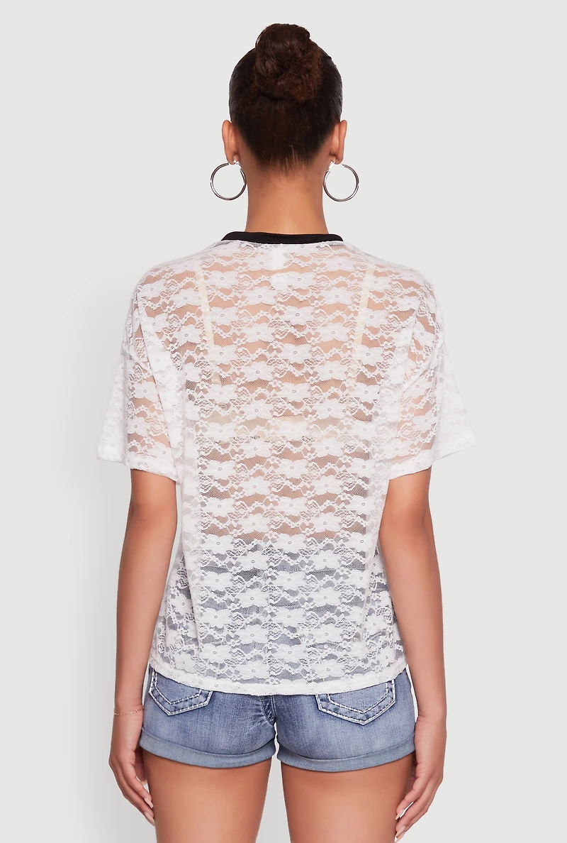 Womens Floral Lace Graphic V-Neck Top, White, Size M