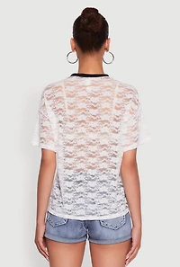 Womens Floral Lace Graphic V-Neck Top, White, Size L