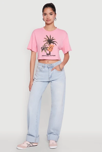 Womens Find Me Under The Palms Graphic Cropped T Shirt, Pink, Size XL