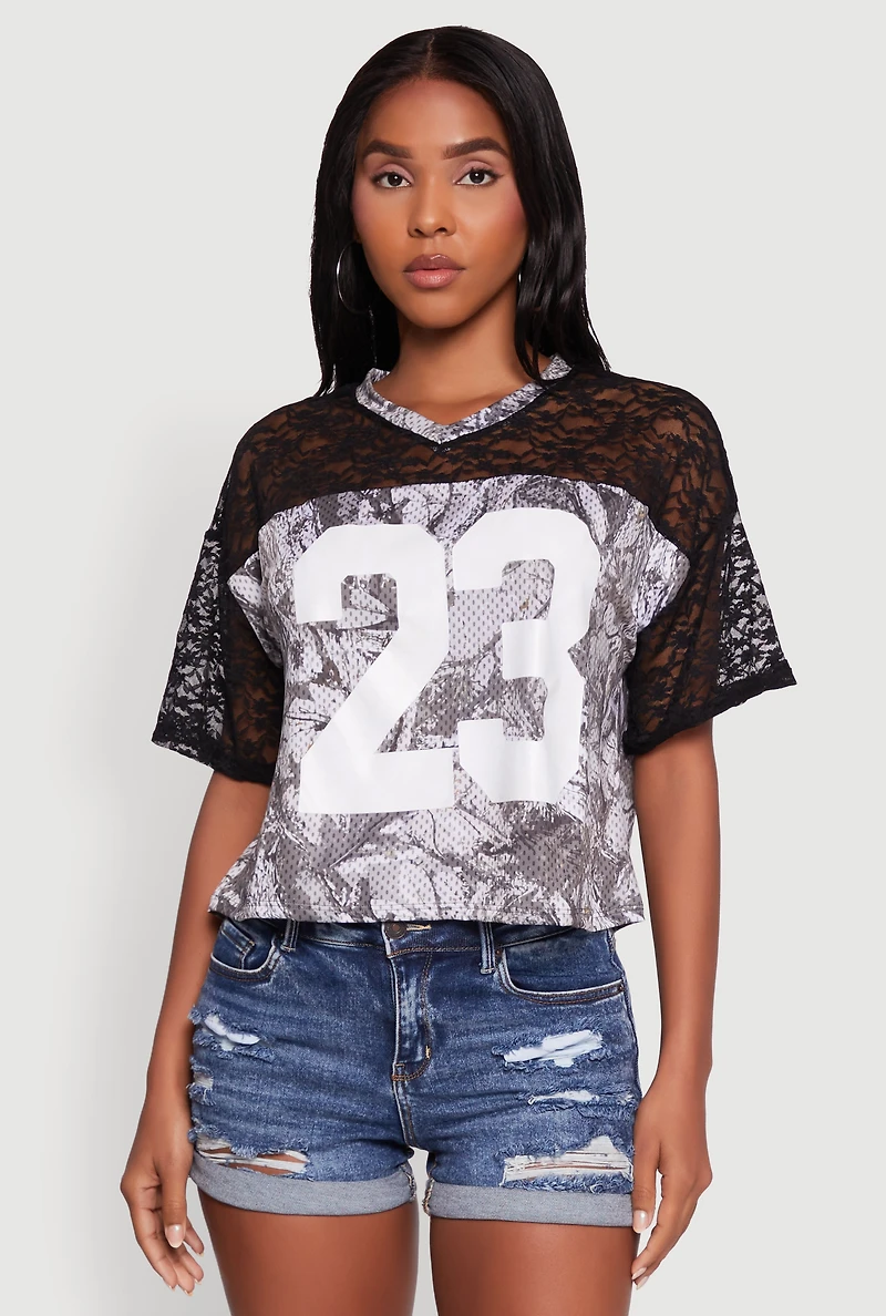 Womens 23 Lace Detail Forest Camouflage Tee, Grey, Size L