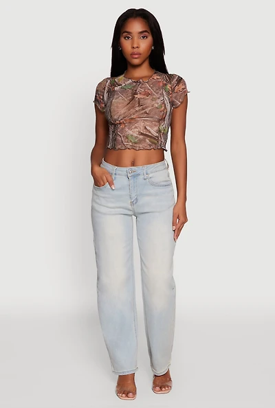 Womens Mesh Hunter Camo Print Crop Top, Brown,