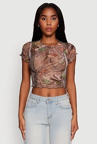 Womens Mesh Hunter Camo Print Crop Top, Brown,