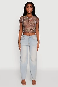 Womens Mesh Hunter Camo Print Crop Top, Brown,