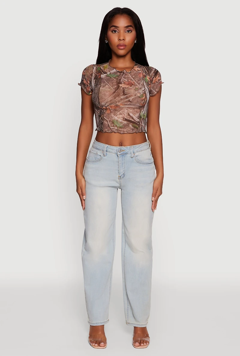 Womens Mesh Hunter Camo Print Crop Top, Brown, Size M