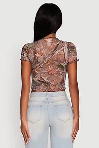 Womens Mesh Hunter Camo Print Crop Top, Brown,