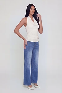 Side Ruched Metallic Detail Cowl Neck Halter Top