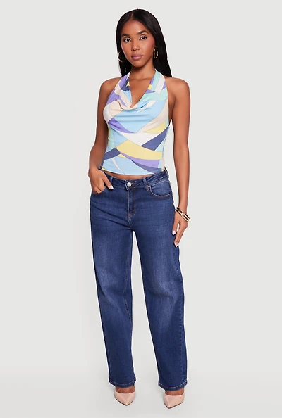 Abstract Patterned Cowl Neck Halter Top