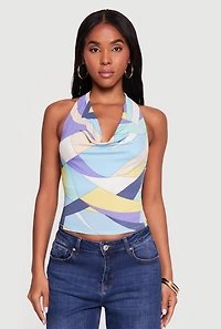 Abstract Patterned Cowl Neck Halter Top