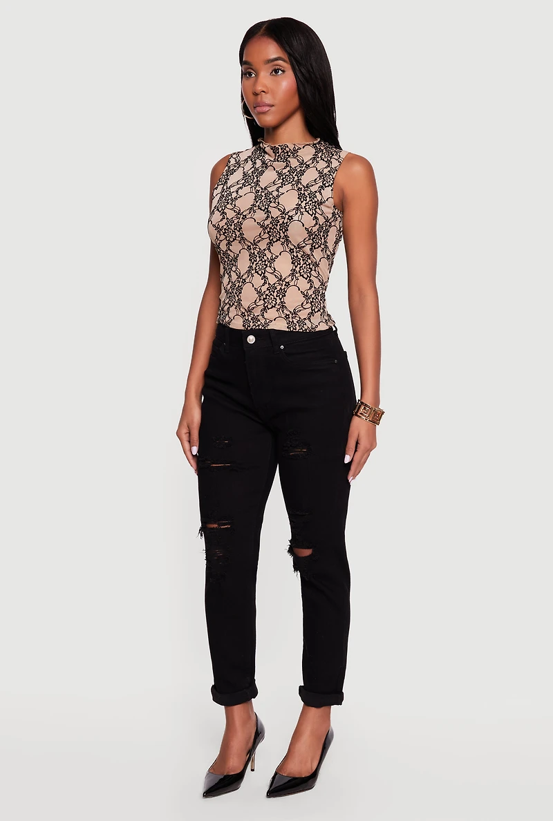 Floral Velvet Burnout Print Mock Neck Blouse