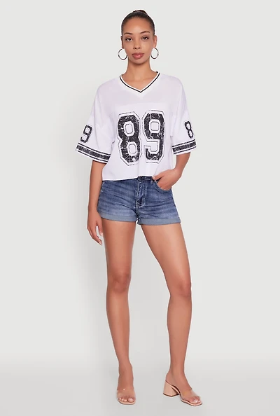 Womens 89 Graphic Boxy Football Jersey, White, Size XL