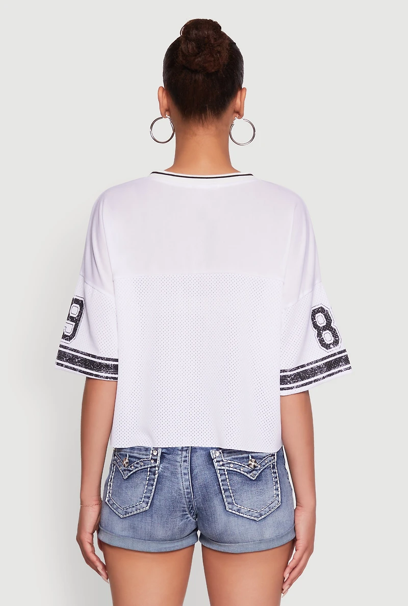 Womens 89 Graphic Boxy Football Jersey, White, Size L
