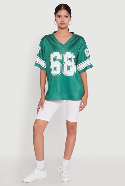 Womens 68 Graphic V-Neck Football Jersey, Green, Size M