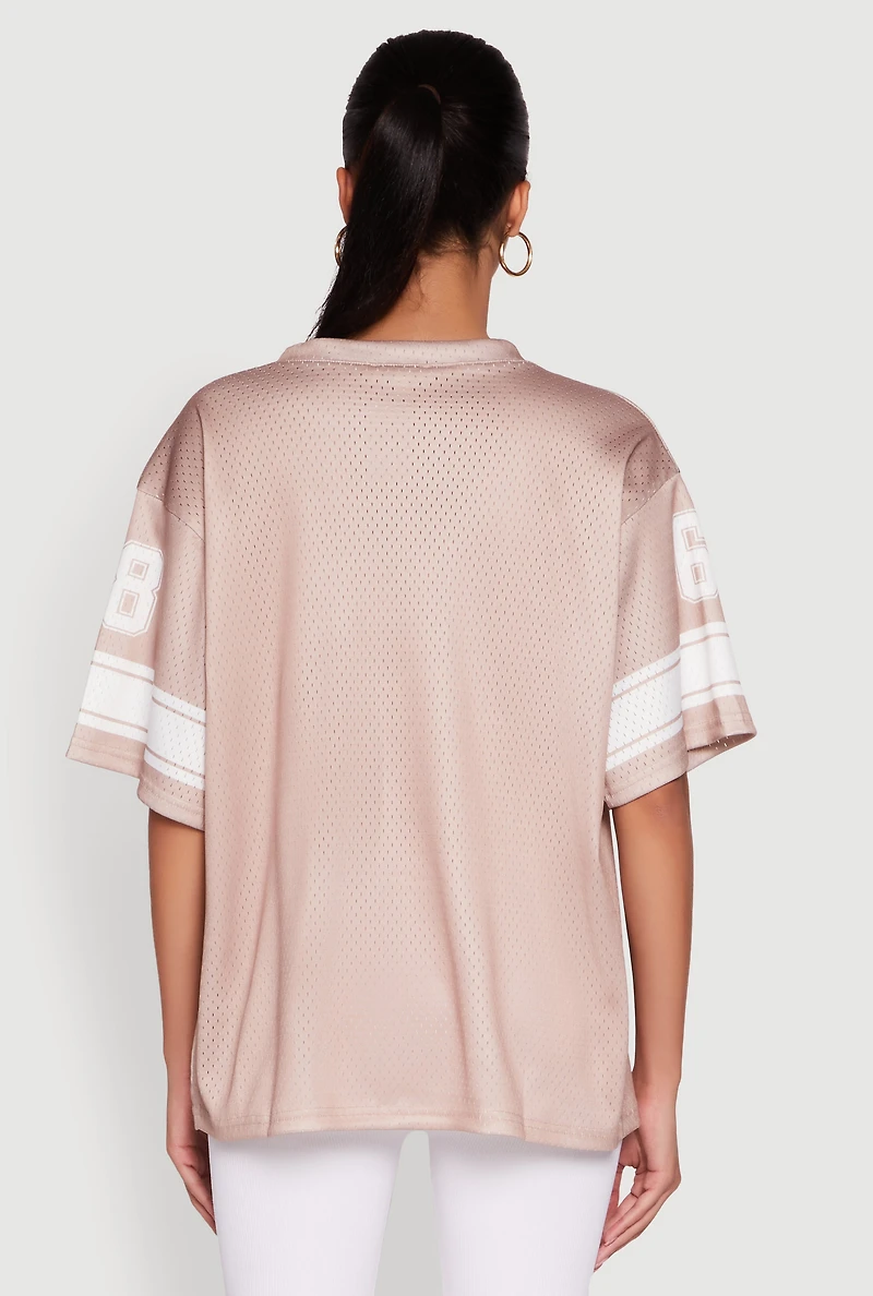 Womens 68 Graphic V-Neck Football Jersey, Pink, Size L